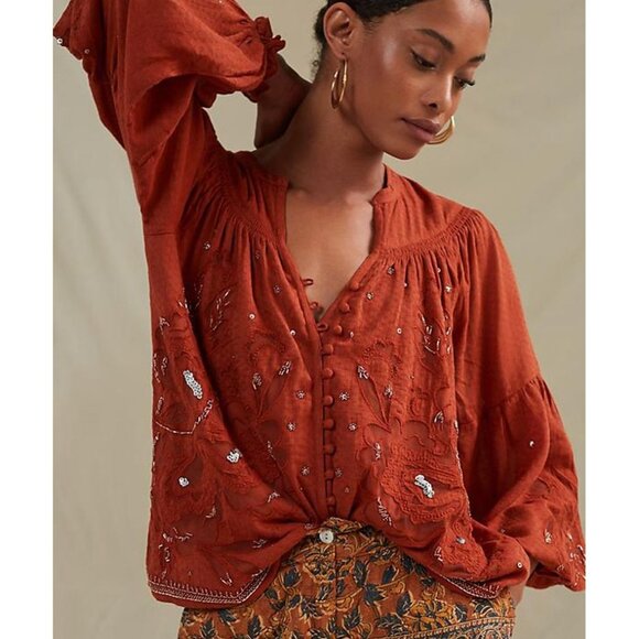 Anthropologie Tops - Anthropologie Beaded Button-down Embroidered Sequin Orange Blouse Top